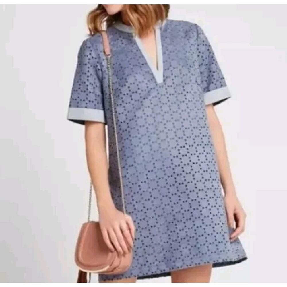 BCBGeneration Faux Suede Tunic Dress Sz S Blue Eyelet Shift Ivory Trim Mini BCBG
